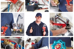 Plumber man with tools in the kitchen. Plumbing and renovation.